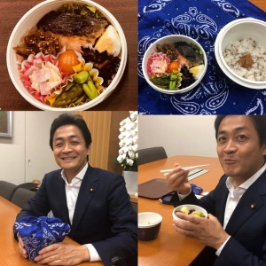 玉木雄一郎が、妻の恵理さんが作った弁当を食べている画像