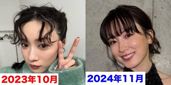 2023年の鼻が変わる前の永野芽郁の顔と、2024年の鼻先が変わった永野芽郁の顔を比較した画像