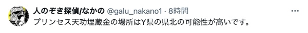 Xの投稿画像『プリンセス天功埋蔵金の場所はY県の県北の可能性が高いです。』